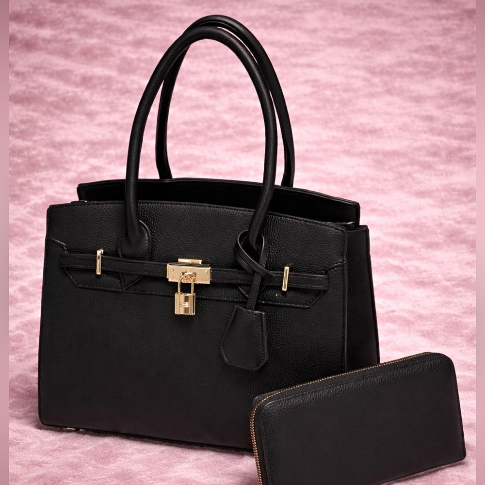 TU.LUXE “Madison” Leather Birkin-Style Bag with Crossbody Strap NWT, Large black